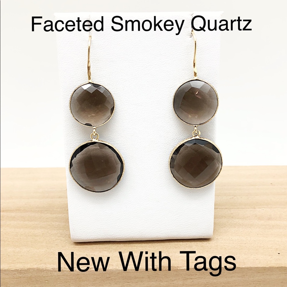Stacked Round Faceted Smokey Topaz Double Dangle Earrings, Sterling Silver